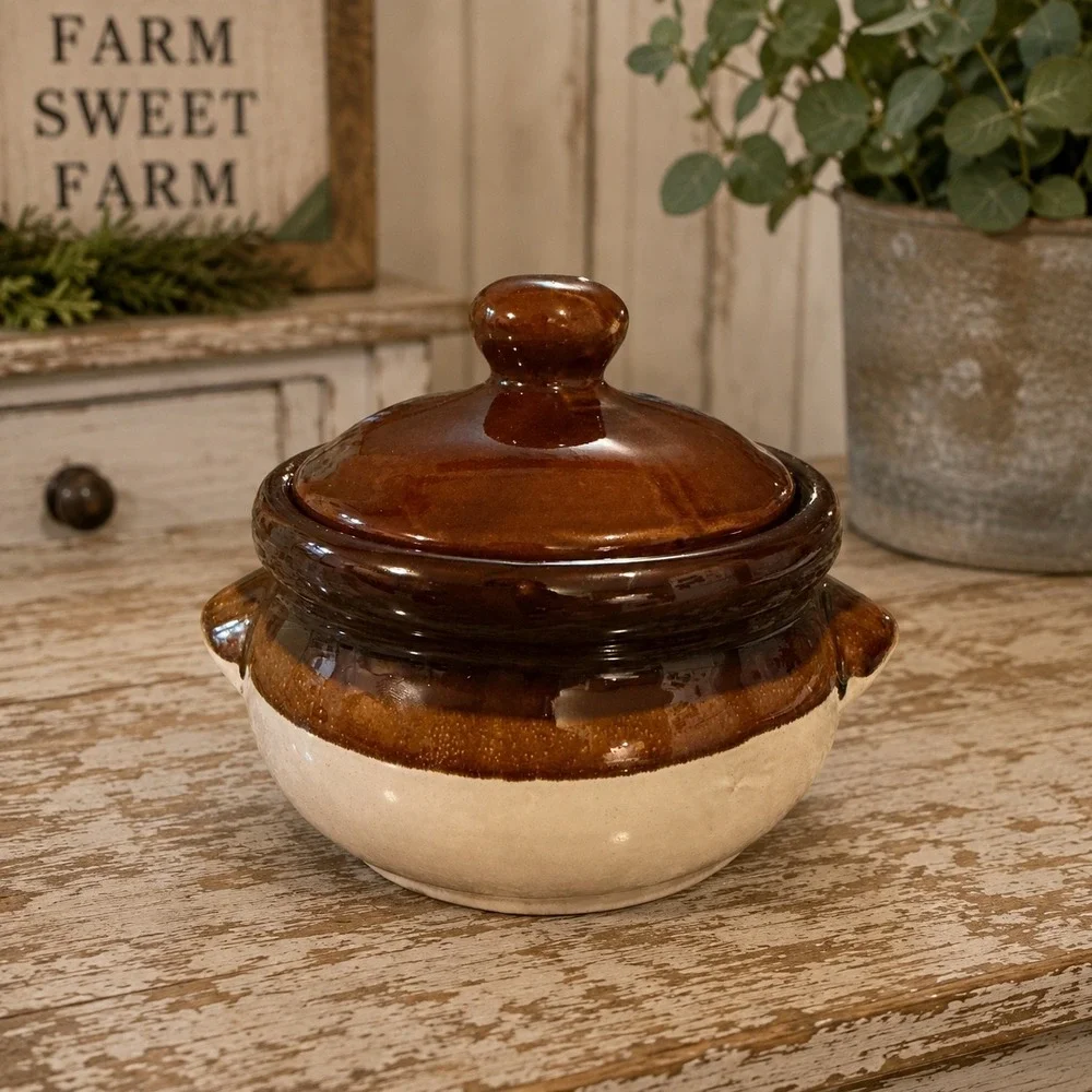 Gailstyn Taiwan Stoneware Bean Pot Two-Tone Brown Cream Glazed Lidded Crock 5x5